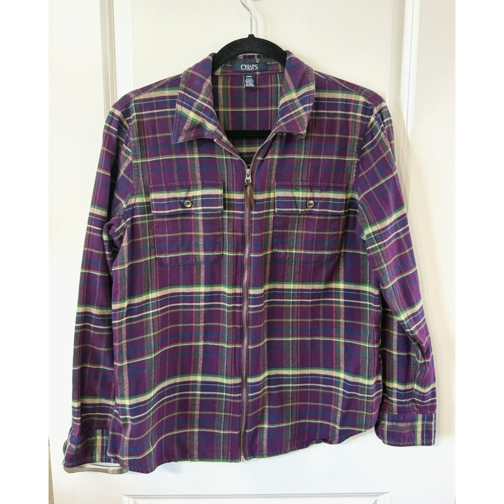 Ralph Lauren Chaps Full Zip Plaid Flannel Shirt Jacket Oversized M Purple